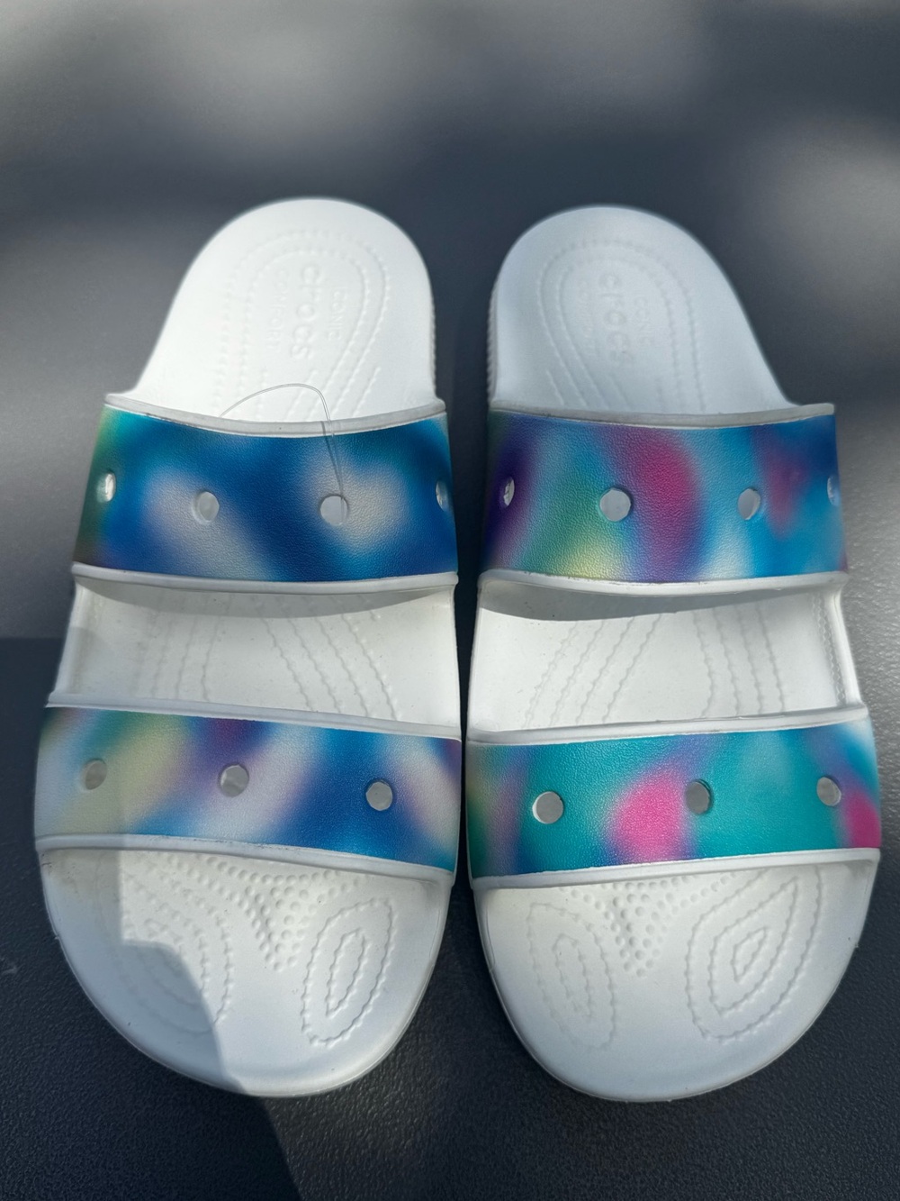 CROCS White Unisex Slide Sandals with Iridescent Rainbow Straps Size 10